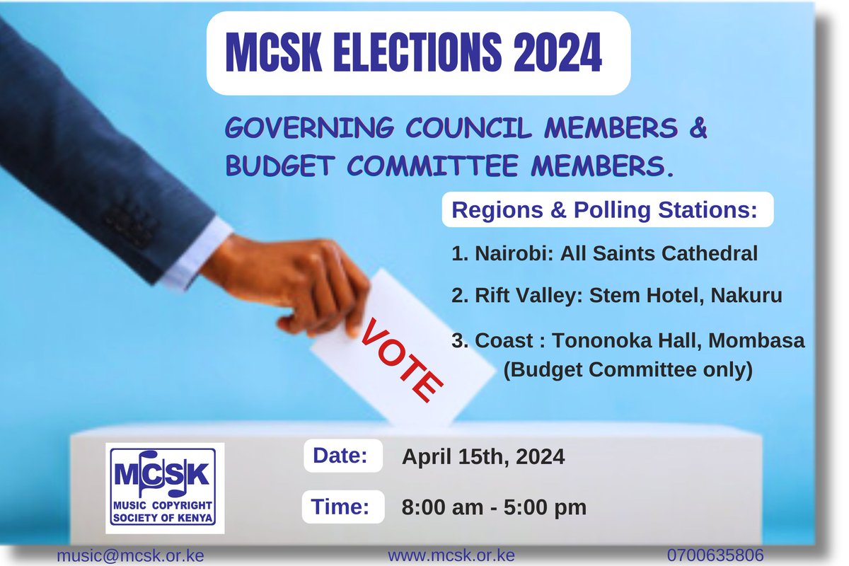 #MCSKELECTIONS2024 GOVERNING COUNCIL & BUDGET COMMITTEE MEMBERS. Date: April 15th, 2024 Time: 8:00 am - 5:00 pm Regions & Polling Stations: 1. Nairobi: All Saints Cathedral 2. Rift Valley: Nakuru - Stem Hotel. 3. Coast: Mombasa - Tononoka Hall. (Budget Committee Members only)