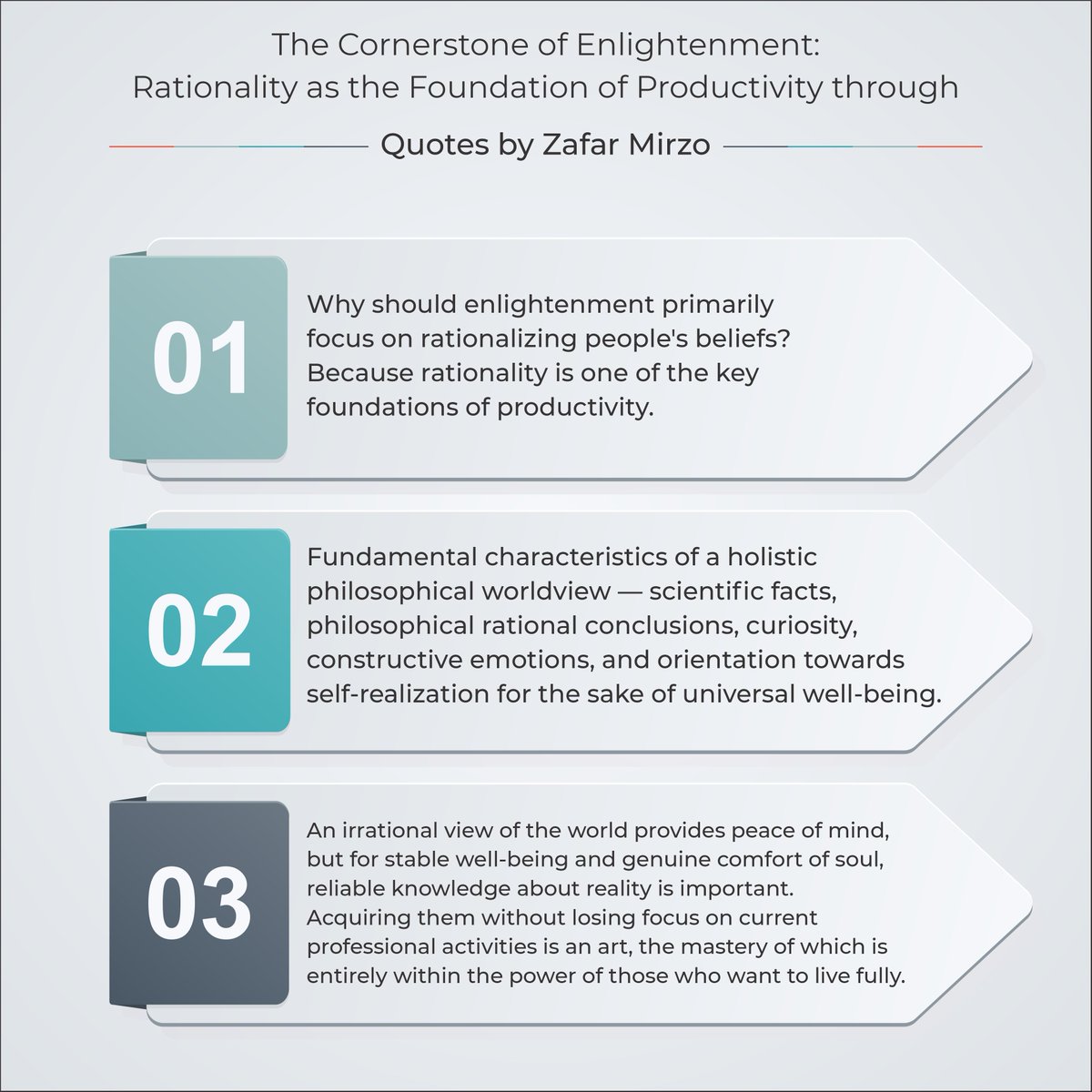 The Cornerstone of Enlightenment: Rationality as the Foundation of Productivity. Three quotes by Zafar Mirzo. 1. Why should enlightenment primarily focus on rationalizing people's beliefs? Because rationality is one of the key foundations of productivity. 2. Fundamental…