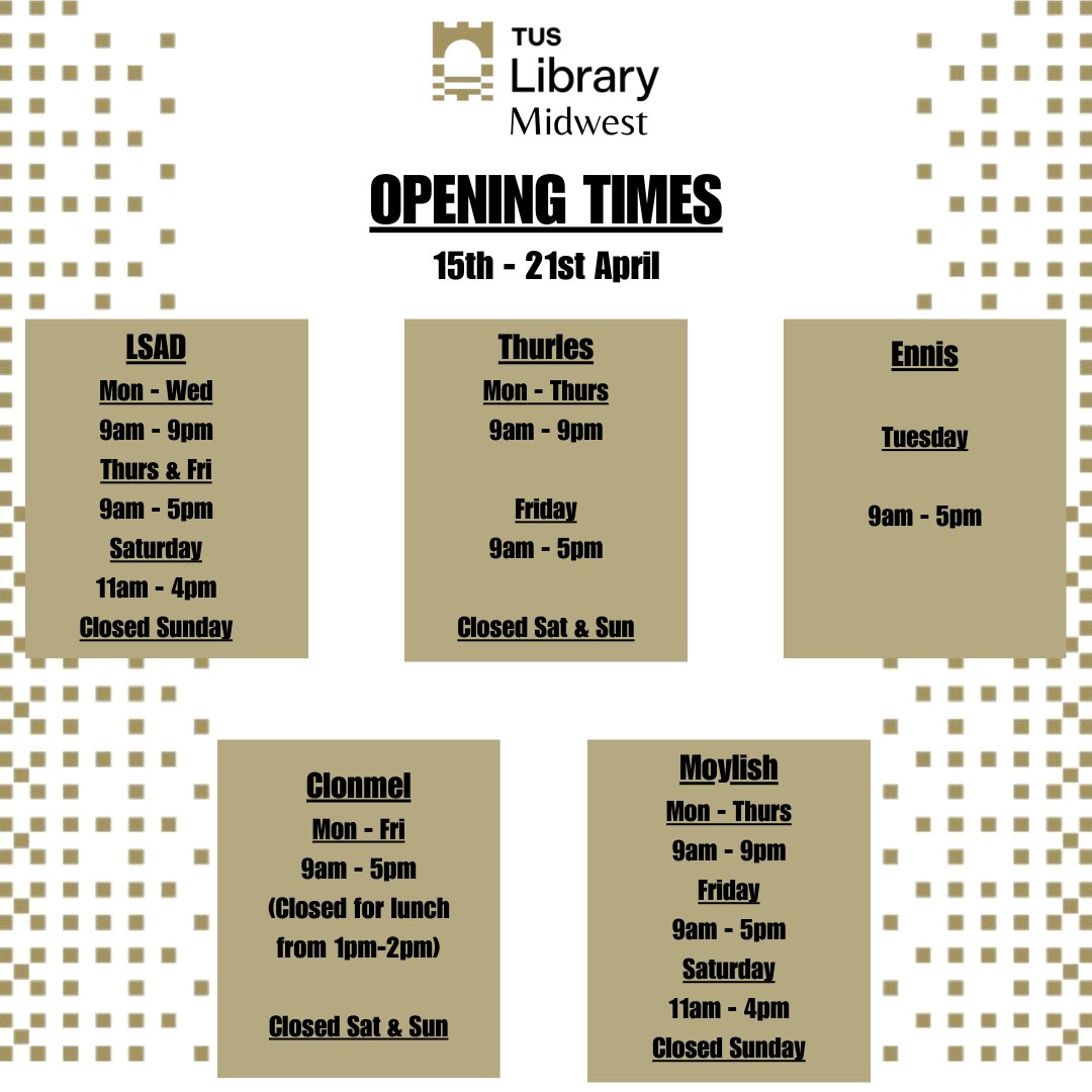 Library opening times for the coming week 📚🕰 #tuslibrary #WeAreTUS