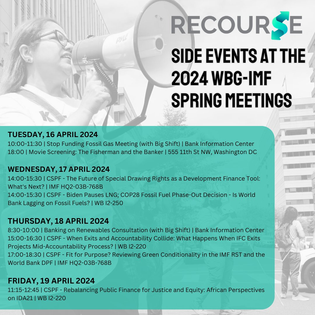 📣We invite you to join us at the @WorldBank /IMF Spring Meetings

Join our events listed below & discuss how to make the @WorldBank @IFC_org & @IMFNews put justice for people and planet first

See our advocacy priorities: bit.ly/4atP6L1

#GasisNotGreen #Accountability