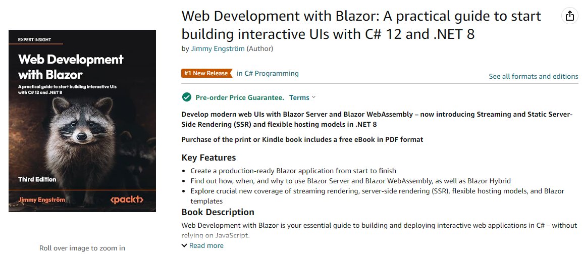 Wow, my book is the #1 new release in the C# category on Amazon =D
What is new?
Well there is some new stuff about Blazor, AND there is a new Raccoon on the cover.
Do you have all three Raccoons? :)

#Blazor #MVPBuzz