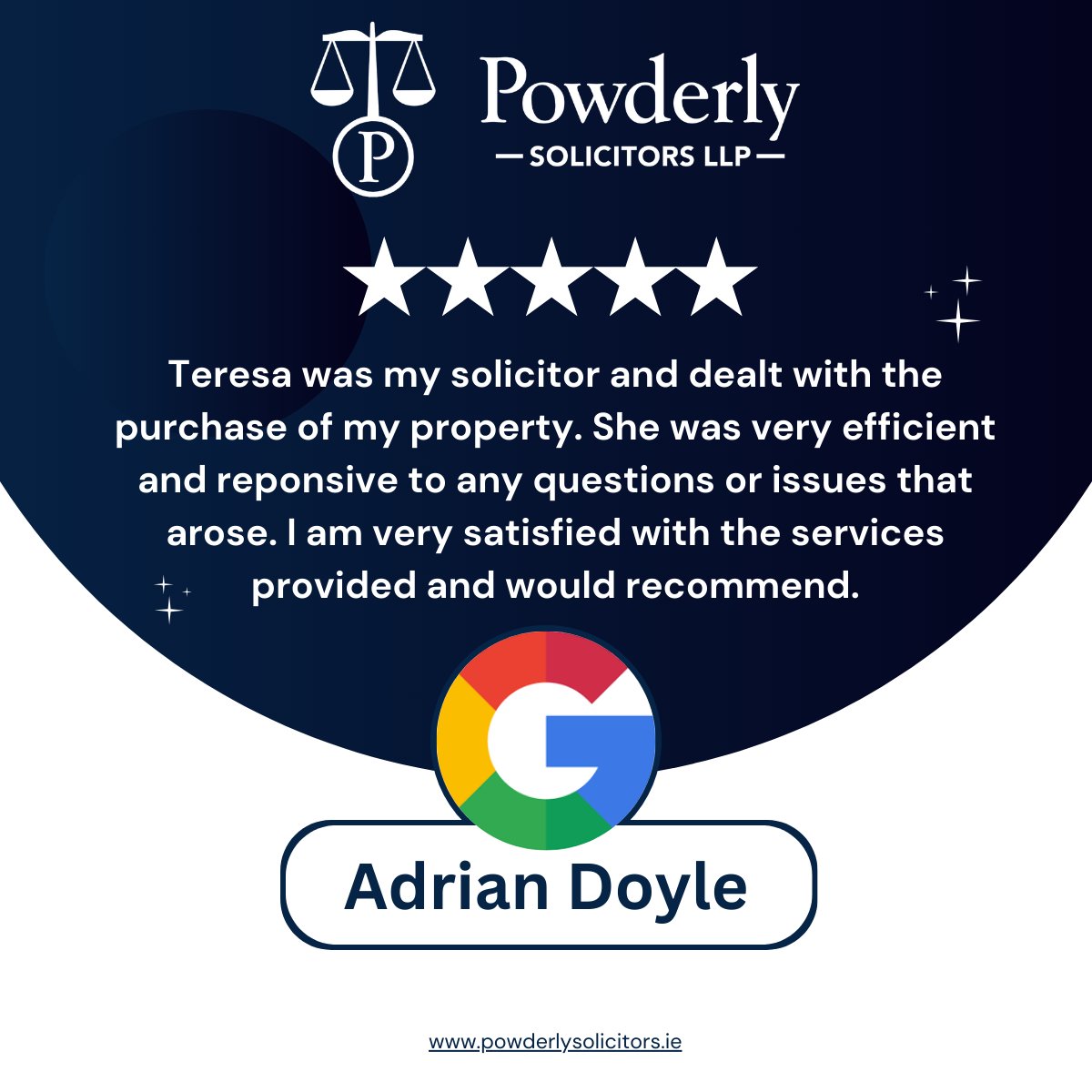 Huge thank you to Adrian Doyle for your wonderful 5 Star Review on Google for Powderly Solicitors. Delighted you're happy with our service & proud to share your comments #CustomerExperience #irishlawyer #legalservices #legaladvice See more reviews here: bit.ly/3OV31y5