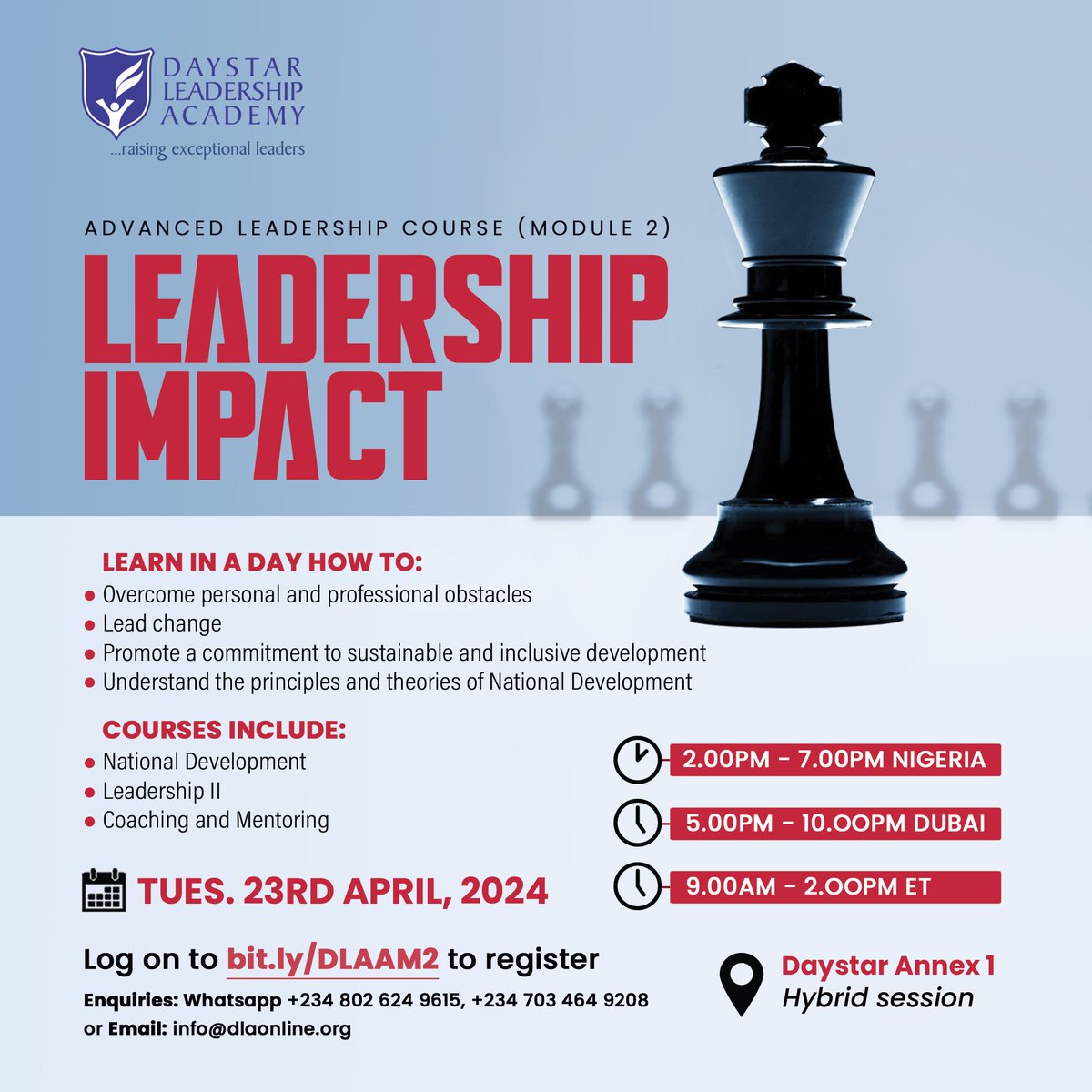 Elevate your leadership game with Daystar Leadership Academy's Advanced Leadership Course! Discover how to lead change, conquer personal and professional hurdles, and emerge as a dynamic leader. Don't miss this opportunity to elevate your leadership skills and make a lasting…