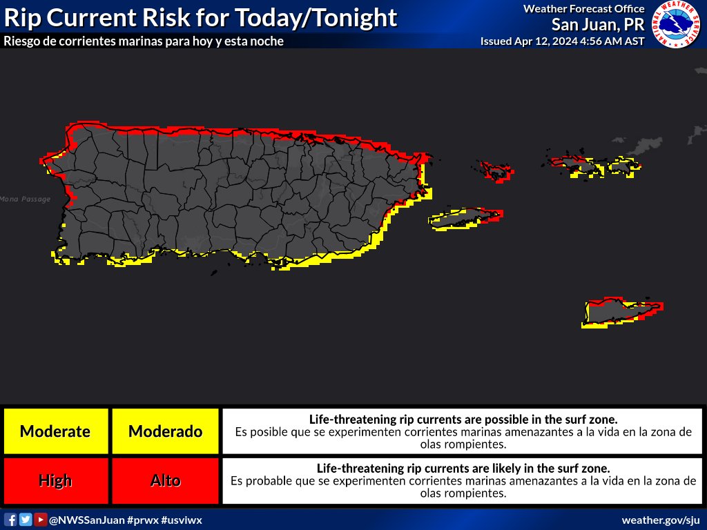 [ APR 12 ] Life-threatening rip currents are likely in the areas heightened in red today and tonight. | Es probable que se produzcan corrientes marinas amenazantes a la vida en las zonas resaltadas en rojo hoy y esta noche. #PRwx #USVIwx