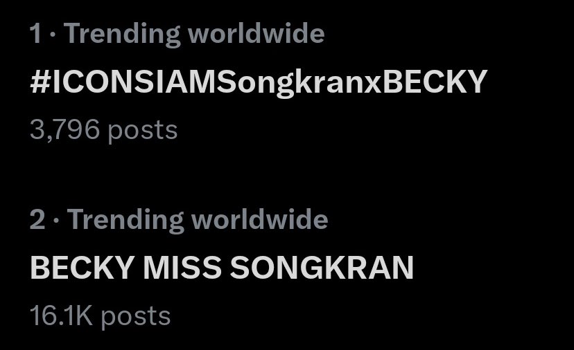 Trending worldwide top spots in less than 5mins 💅

BECKY MISS SONGKRAN 
#ICONSIAMSongkranxBECKY
