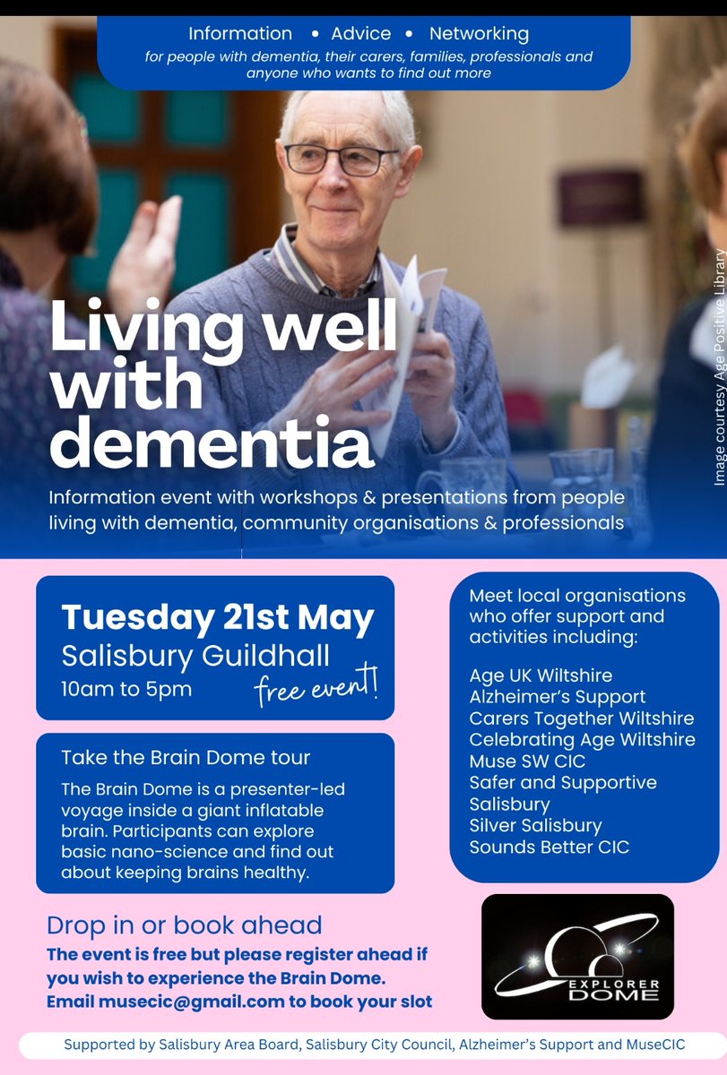 If you are an #Unpaidcarer caring for a loved one with #dementia, this event will be just for you. @AgeUKWiltshire @AlzheimersSupp @Caroline_Corbin @HarnhamNetwork @PALSatSDH @SalisburyNHS @DisabilitySalis @WiltsAreaBoard @WiltshireCAB @salisburygp @SFTDementiaTeam @AWPNHS