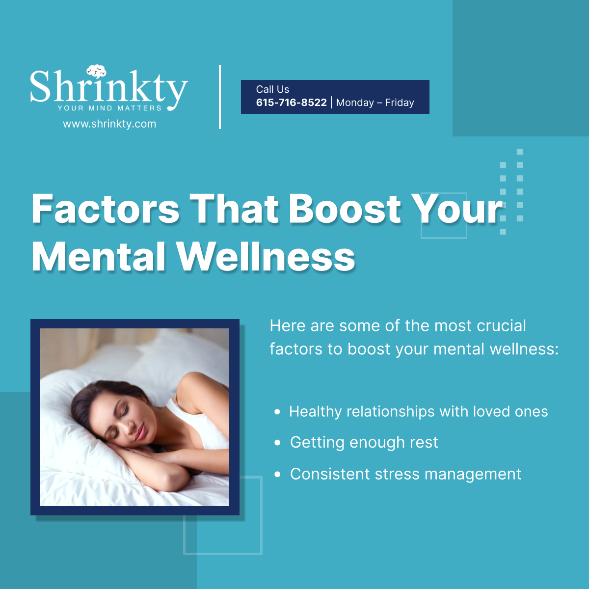 A range of factors can affect the state of your mental wellness. Be sure to surround yourself with the factors that help alleviate the state of your mental health. 

#Tennessee #MentalHealthTips #MentalHealthCare