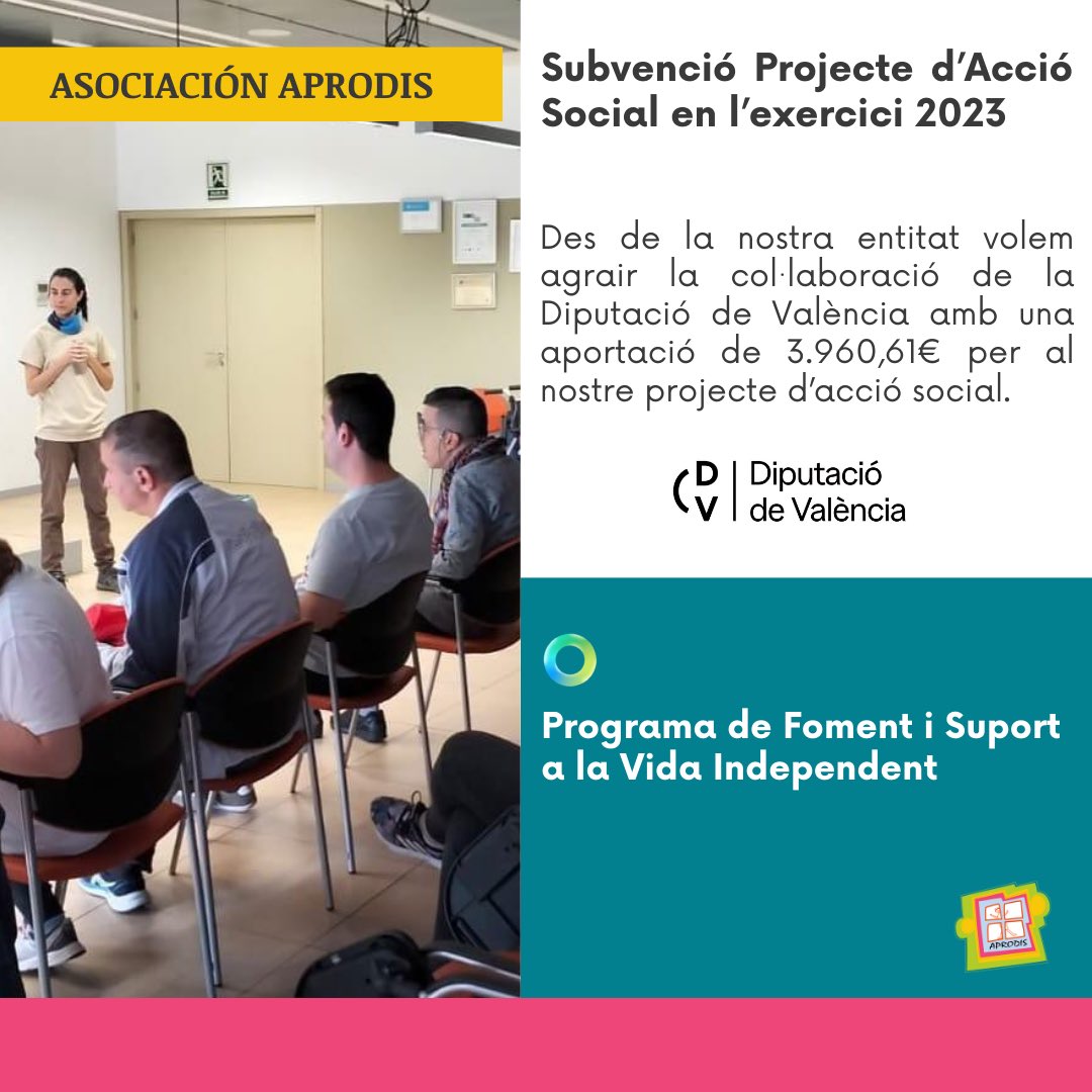 aprodisquart's tweet photo. Des de la nostra entitat volem agrair públicament l’ajuda otorgada per la Diputació de València de 3.960,61€ per al nostre projecte foment i suport per a la vida independent en l’exercici 2023. 

#aprodis 
#dival https://t.co/RTQtcwDKk8