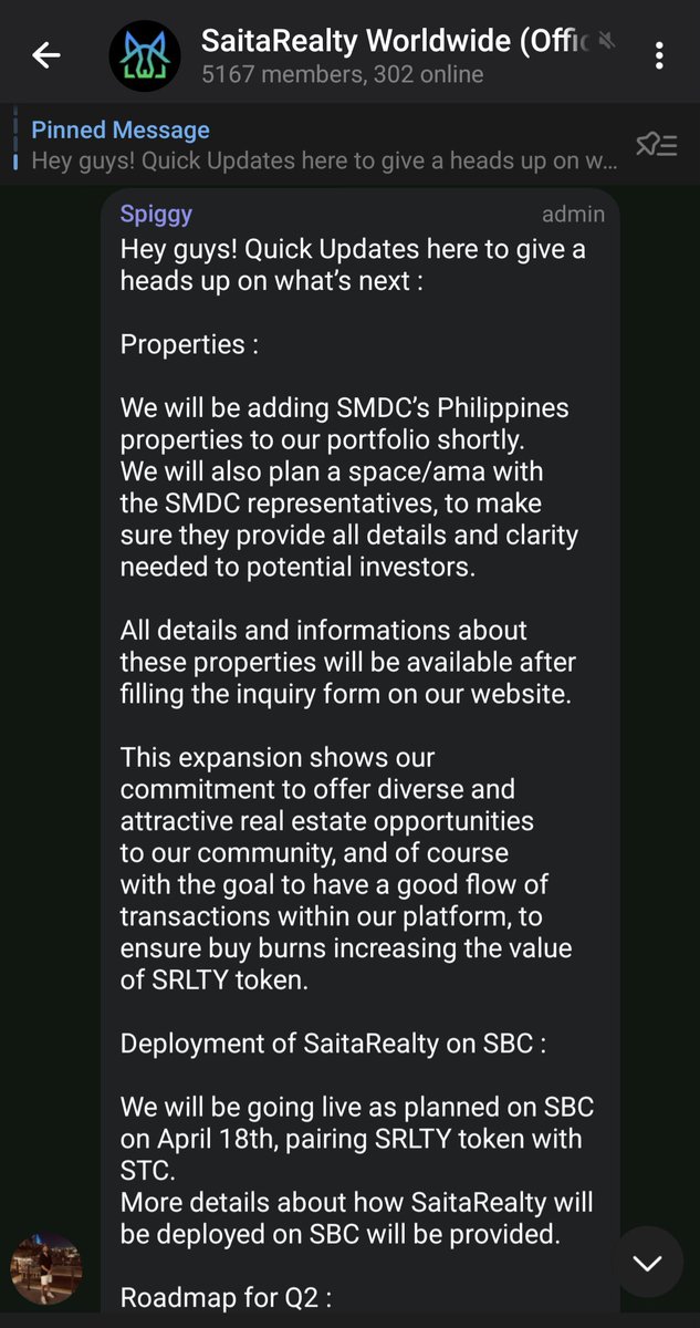 .@SaitaRealty update from @Spigg1115 Join the #SaitaRealty TG: t.me/SaitaRealtyWor… Hey guys! Quick Updates here to give a heads up on what’s next : Properties : We will be adding SMDC’s Philippines properties to our portfolio shortly. We will also plan a space/ama with…