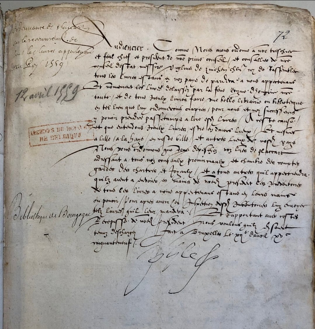 The birth certificate of the Royal Library of Brussels @kbrbe dated 12 april 1559 when Philip II decreed its establishment at the Coudenberg Palace in Brussels. It was and still is one of the finest collections of books and medieval manuscripts in Europe. Shared by @JanPauwelsKBR