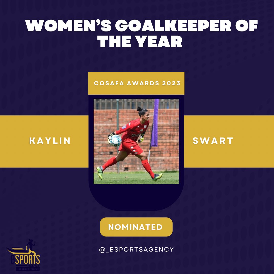 Huge congratulations to our goalie @Kaylin194 on her well deserved nomination for COSAFA’s Women’s Goalkeeper of the Year! Your talent between the posts is an inspiration to all. Keep shining, we are rooting for you. 🥳 

#GoalkeeperOfTheYear #BSportsgency #Thevoiceforwomen 💙💛