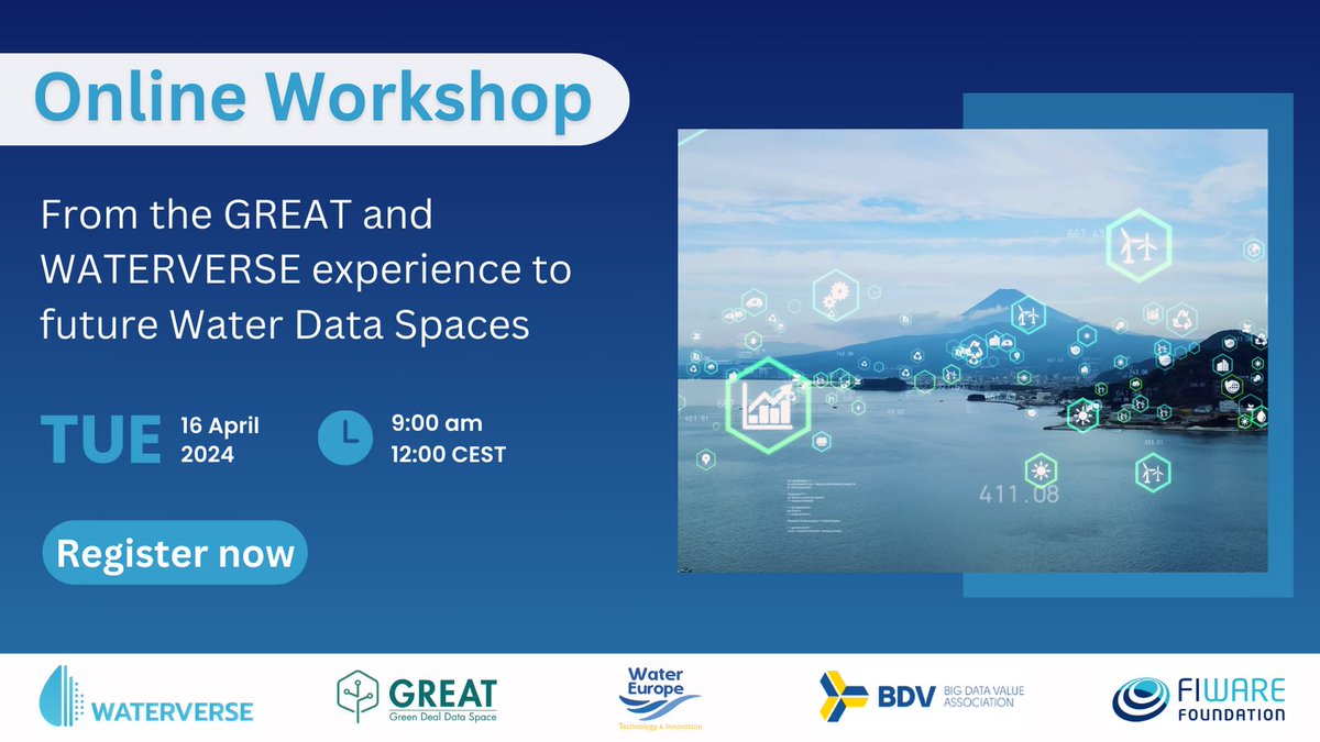 🔔Hurry up🔔

Only a few days left to register for the 'From the GREAT and WATERVERSE Experience to Future Water Data Spaces' #onlineworkshop.

Join us for an insightful discussion on the future of water data management.

🗓16 April
🕘9:00-12:00 CEST

👉👉buff.ly/3PZkfOm