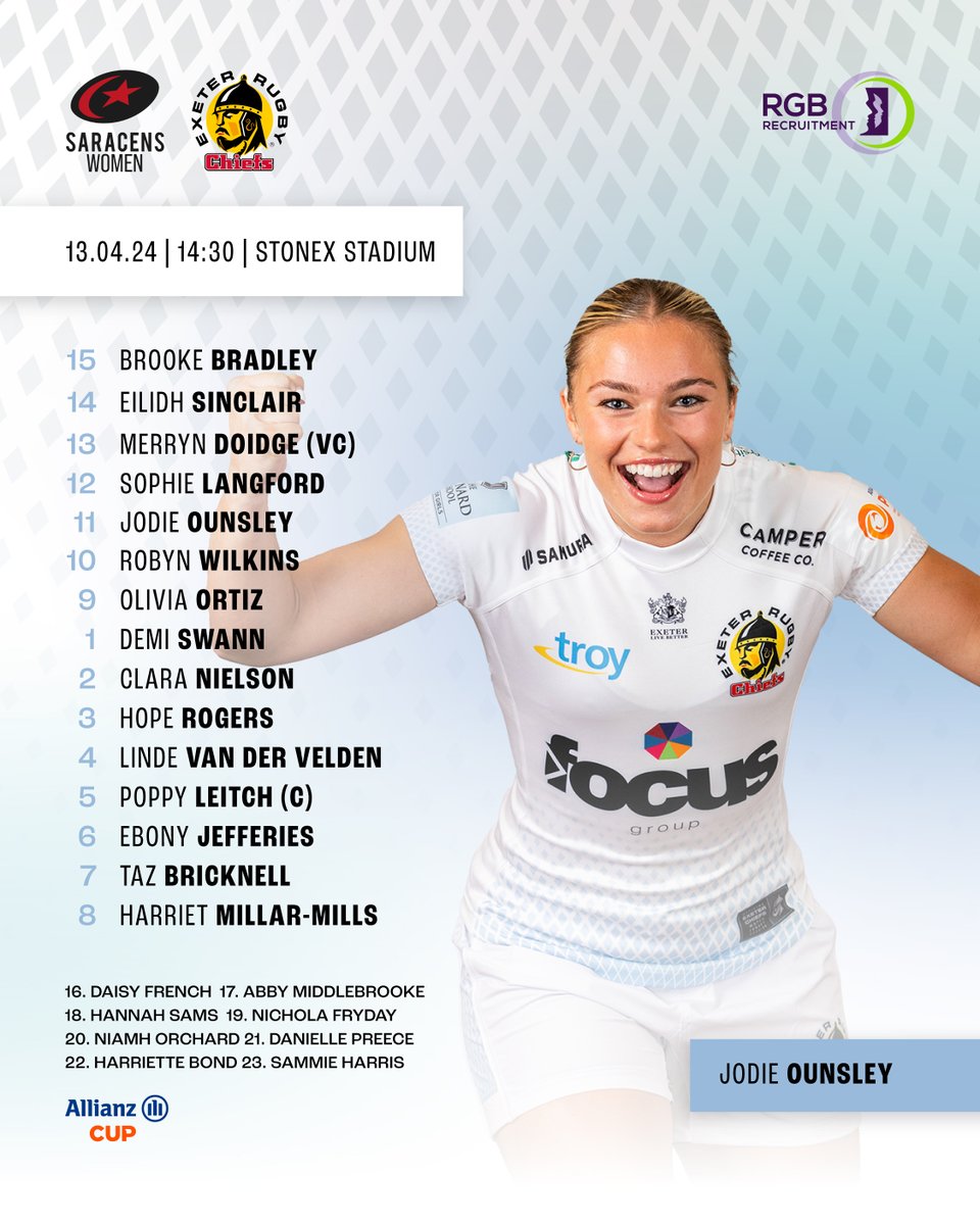 Team News! 👇 🔙Jodie & Clara are back 👊Taz's first start 💪Brooke at full back Bring on the #Allianz Cup Semi-Final! 💥 #JointheJourney | #SARvEXE | @RGBRecruitment