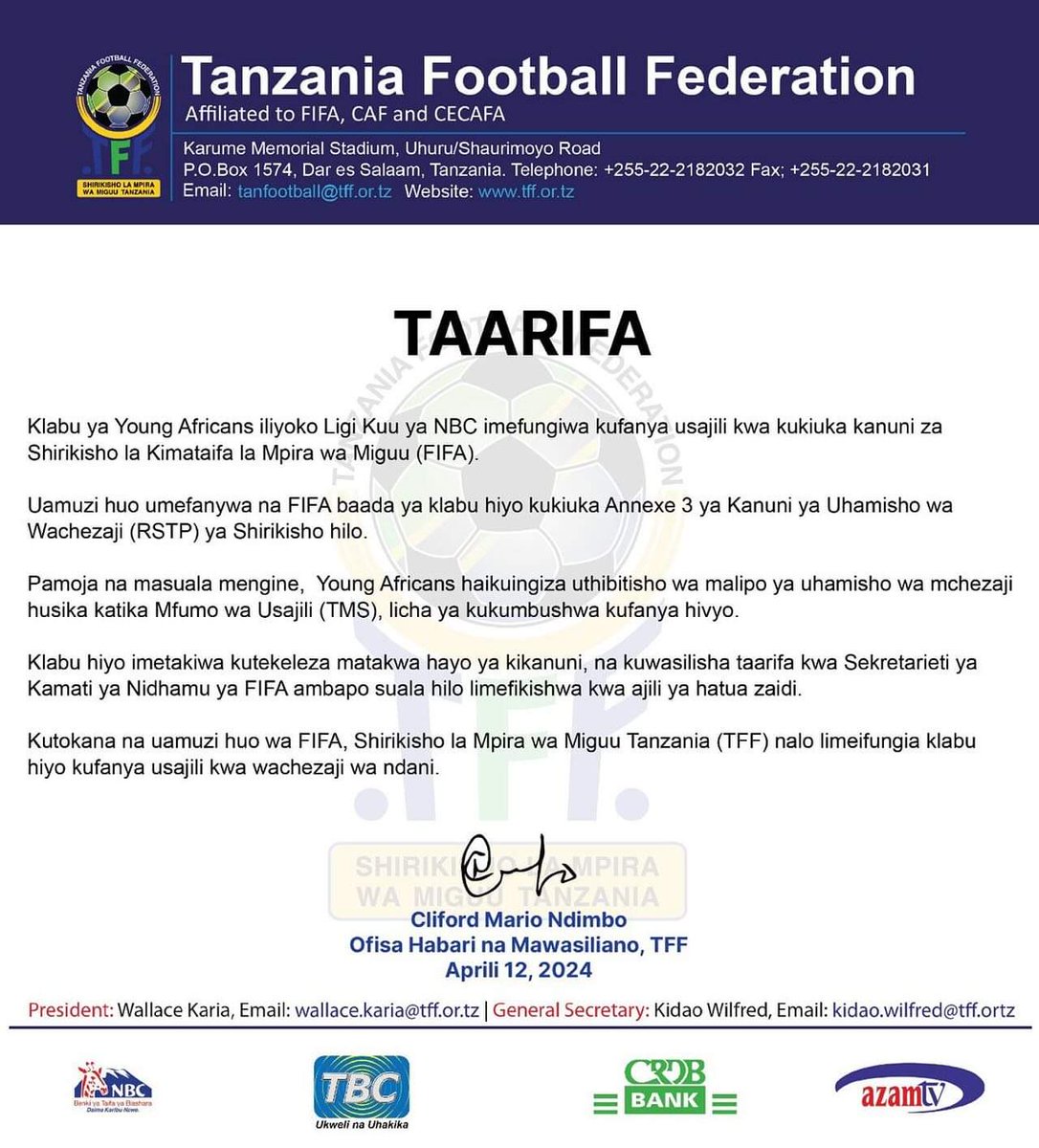 TAARIFA YANGA YAFUNGIWA KUSAJILI NA FIFA