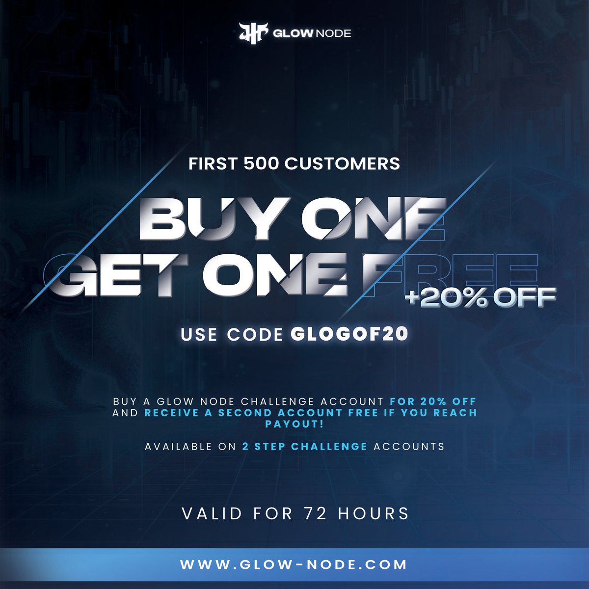 GlowNodefx's tweet photo. π Are You Up for the Challenge?
Unlock the door to your trading potential with Glow Nodeβs exclusive, time-sensitive offer! Start your journey with us, and for a limited time, enjoy unbeatable benefits:
πΉ20% Off Your First Flow Node Challenge Account
πΉBuy One, Get One FREE!βSucceed in your first challenge and your second account is on us!
πΉOnly available for 10k - 50k accounts
Whether youβre a newcomer eager to test the waters or a seasoned trader looking to maximize your strategies, our challenges cater to all.
π₯ Act fast! This offer is only good for the next 72 hours and for the first 500 registrants.
Dare to double down on your trading skills? Click the link to join now and donβt miss out on this extraordinary opportunity. https://t.co/n8ERE77T93
#GlowNode