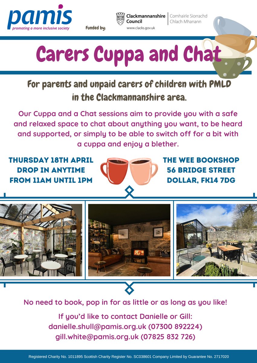 Our next 'Carers Cuppa and a Chat' session for parents and unpaid carers of children and young people with PMLD in the Clackmannanshire area is next Thursday, the 18th April. No need to book. Come along to the Wee Dollar Bookshop :)