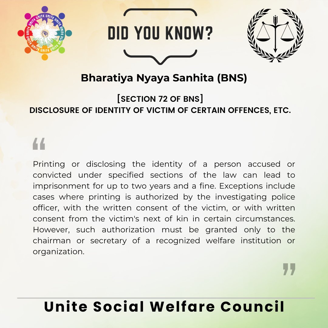 Section 72 of The Bharatiya Nyaya Sanhita (BNS):

Disclosure of identity of victim of certain offences, etc.

#Section64 #Section65 #Section66 #Section67 #Section68 #Section69 #Section70 #Section71 #VictimIdentityProtection #Legal #IndianLaw #uswc