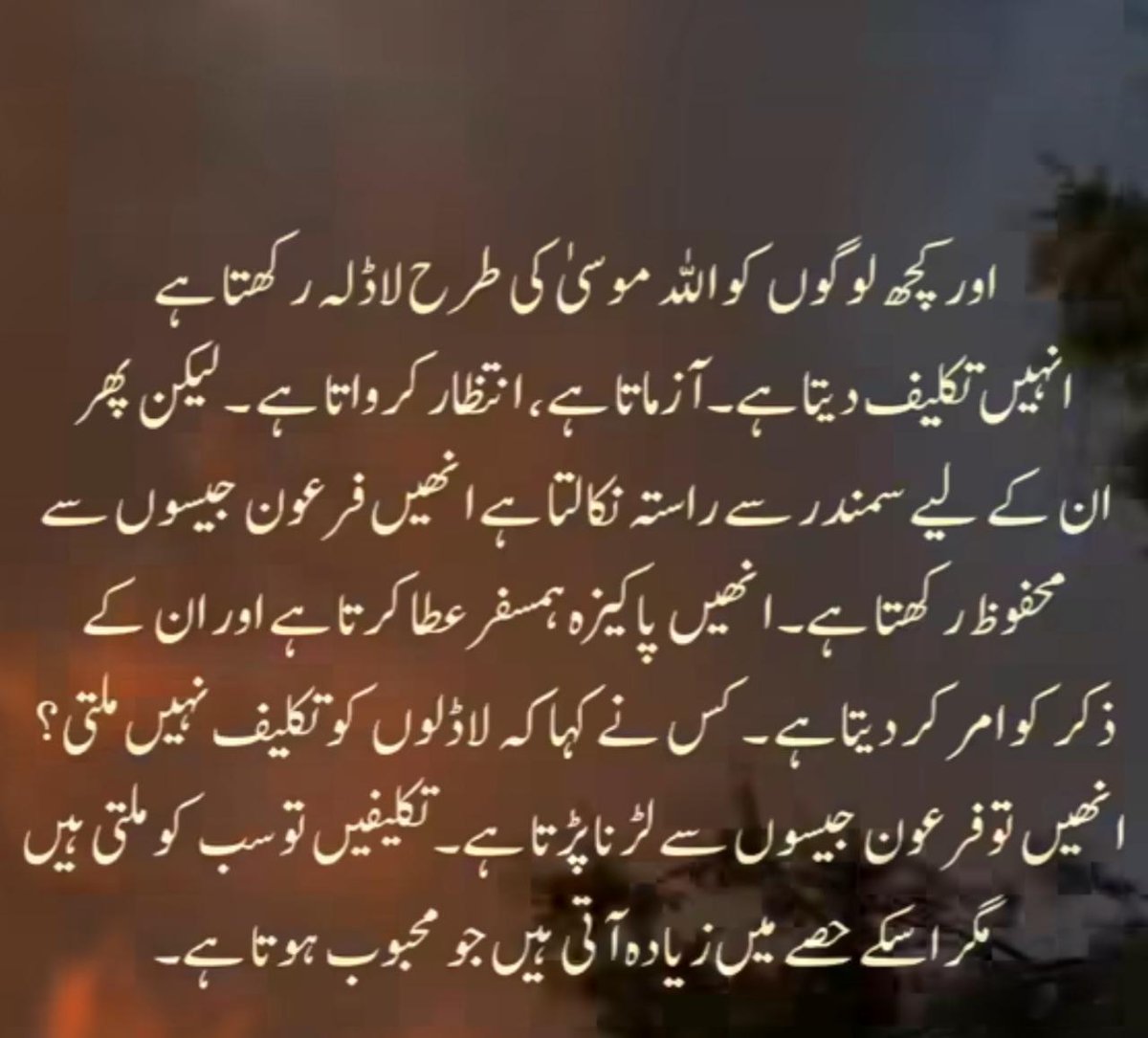 #FridayMotivation 
اور اللہ کچھ لوگوں کو حضرت موسیٰ علیہ السلام کی لاڈلہ رکھتا ہے ۔۔۔۔۔۔۔۔۔۔۔