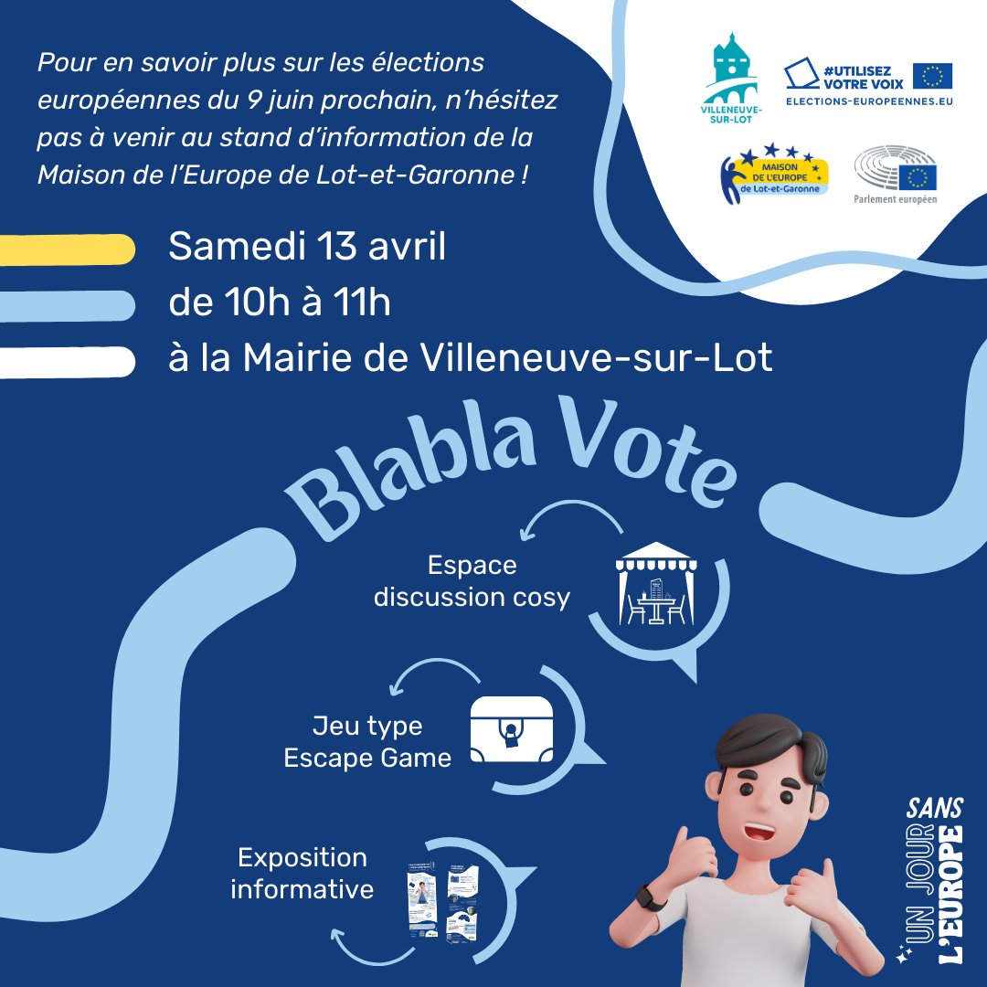 🇪🇺 La Maison de l'Europe de Lot-et-Garonne proposera un stand 'Blabla Vote' à l'occasion de la remise des cartes électorales des primo-votants à la Mairie de Villeneuve-sur-Lot, samedi 13 avril 🗳️ @Europarl_FR #UE2024 #electionsUE2024 #utilisezvotrevoix #européennes2024