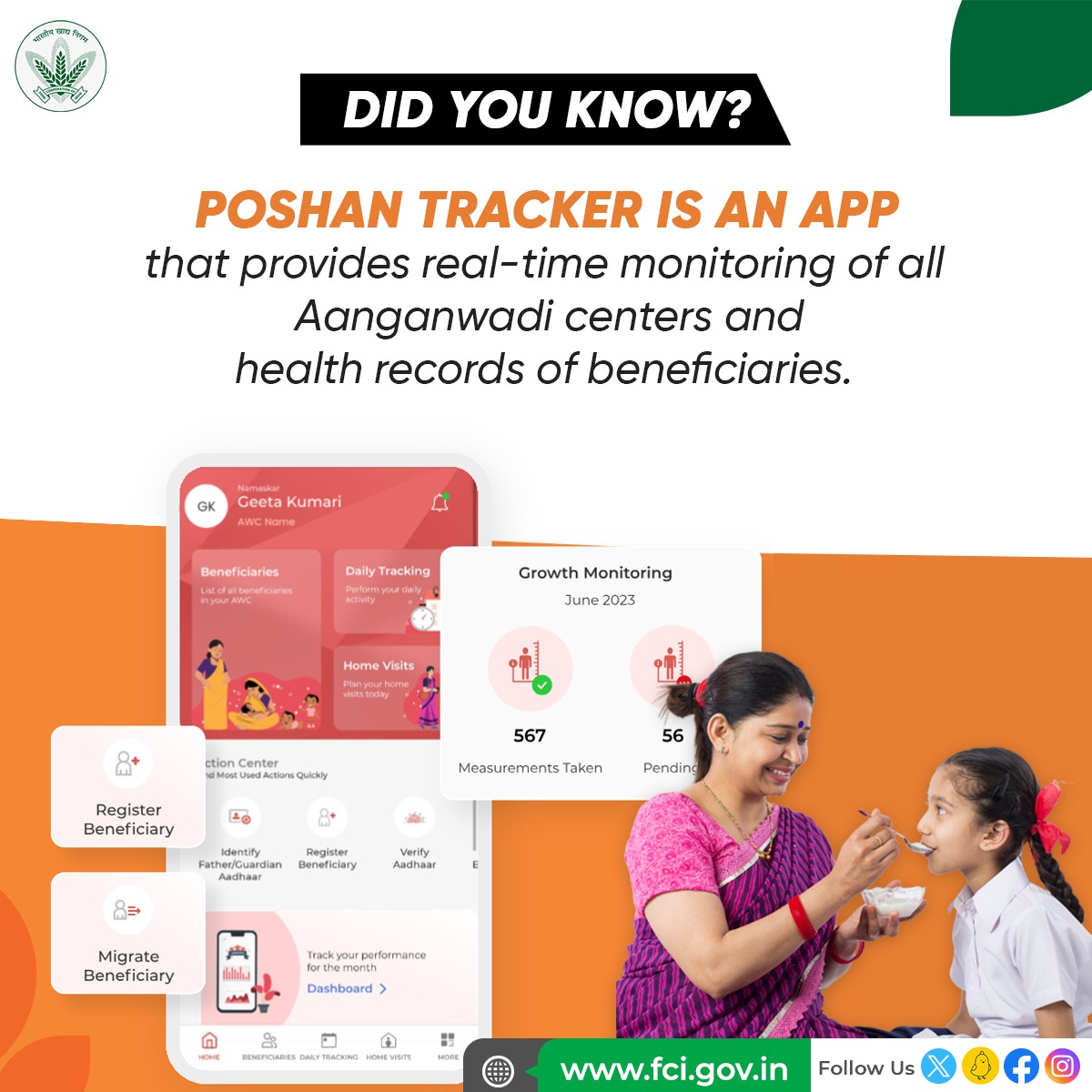 With Poshan Tracker, Anganwadi workers can track and improve the health of pregnant and lactating women, children and adolescents. The app collects and analyzes data on child growth and gives action tips.