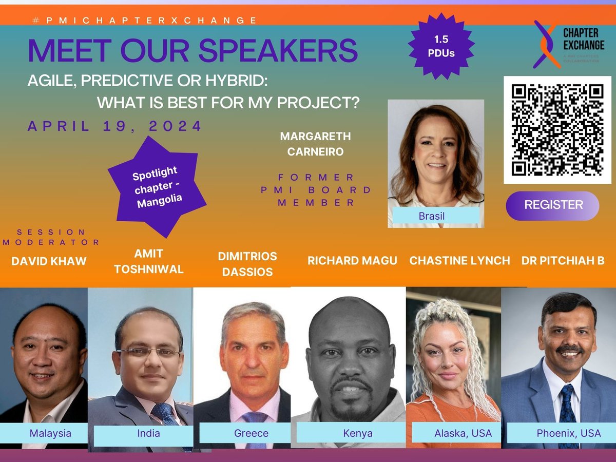 PMISouthAfrica's tweet image. Join us for #pmichapterxchange season 5 and 3rd event of 2024.
Topic: Agile, Predictive or Hybrid: What is best for my project?

April 19, 2024 19:30 IST ( GMT +5:30)
Register here shorturl.at/yCDLQ

#theXchangeEffect
