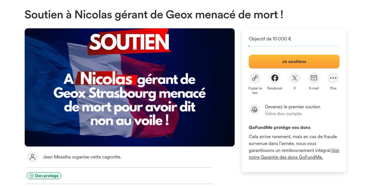 JeanMessiha's tweet image. ⚠️ LA CAGNOTTE EST EN LIGNE ⚠️

La #CagnotteDeLaResistance lancée pour venir en aide au gérant du #Geox de #Strasbourg, est ouverte.

Ce Français a dit, à sa manière et instinctivement, non à l’islam politique, non à la #charia et non l’islamisation de la France en faisant preuve…