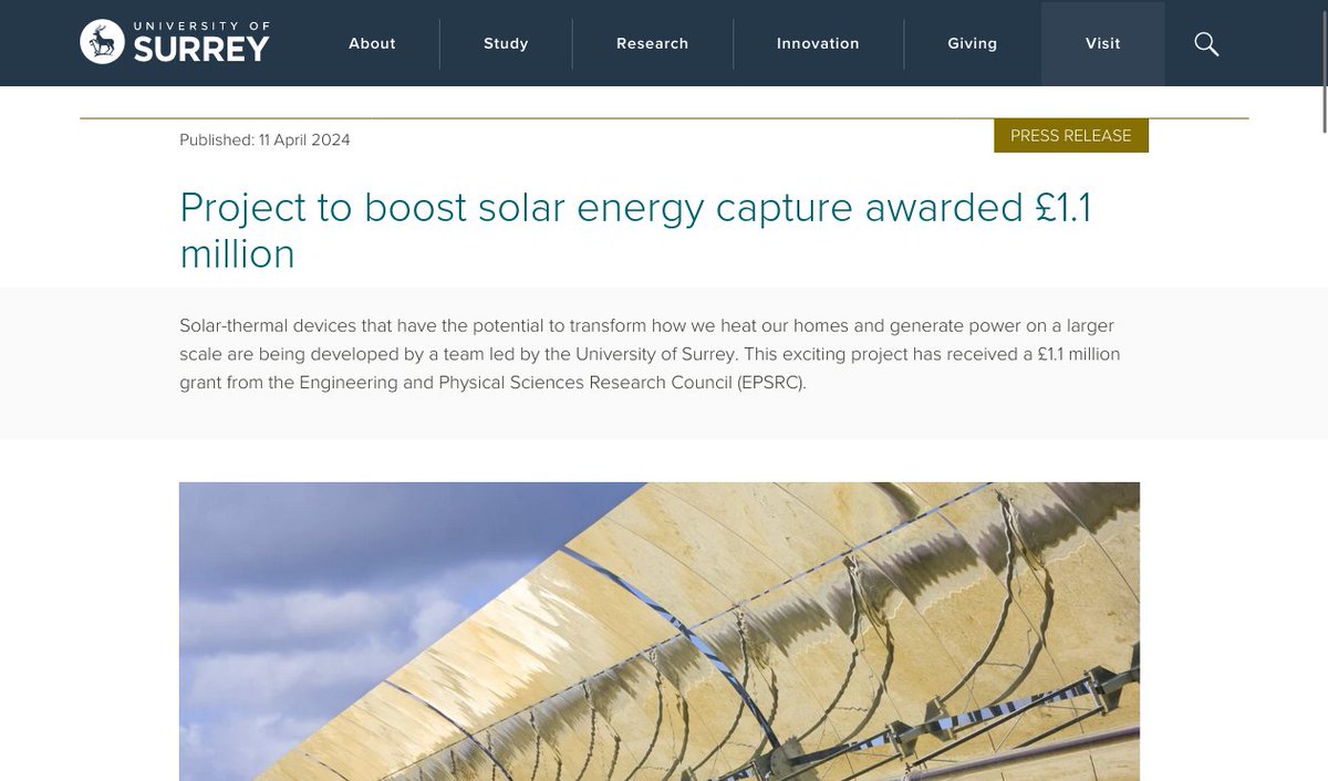 'These use concentrated sunlight to heat materials to the point where thermionic emission of electrons occurs, which can form the basis of high-efficiency, low-cost solar cells' [says Professor Marin Cryan] surrey.ac.uk/news/project-b…