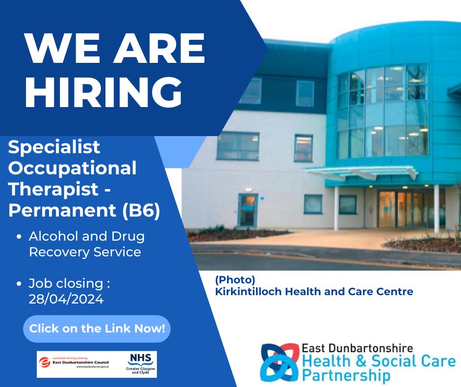 🗣️Are you looking for a new job? @EastDunHSCP have a vacancy within our Alcohol and Drug Recovery Service. #EastDunADP #AHP 🗒️Role: Specialist Occupational Therapist For more information and to apply visit: apply.jobs.scot.nhs.uk/internal/Job/J…