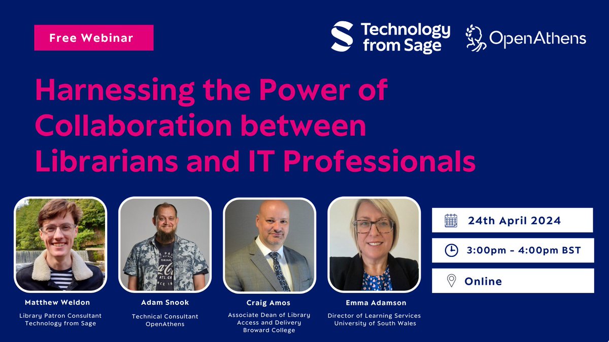 Are you registered for our upcoming free #Webinar, in collaboration with Technology from Sage? Join us as we explore how academic libraries and IT departments can work together to meet the needs of patrons. Register here: bit.ly/4cKsLdv 24 April 2024 | 3pm-4pm BST