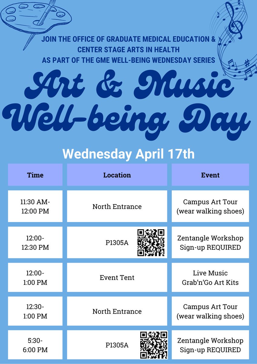 SAVE THE DATE - The next GME Well-being Wednesday is Wednesday April 17th. Join us in partnership with Center Stage Arts in Health for various art and music activities.⁠ Registration for Zentangle by April 12th: forms.office.com/r/mDL8rL2hbA