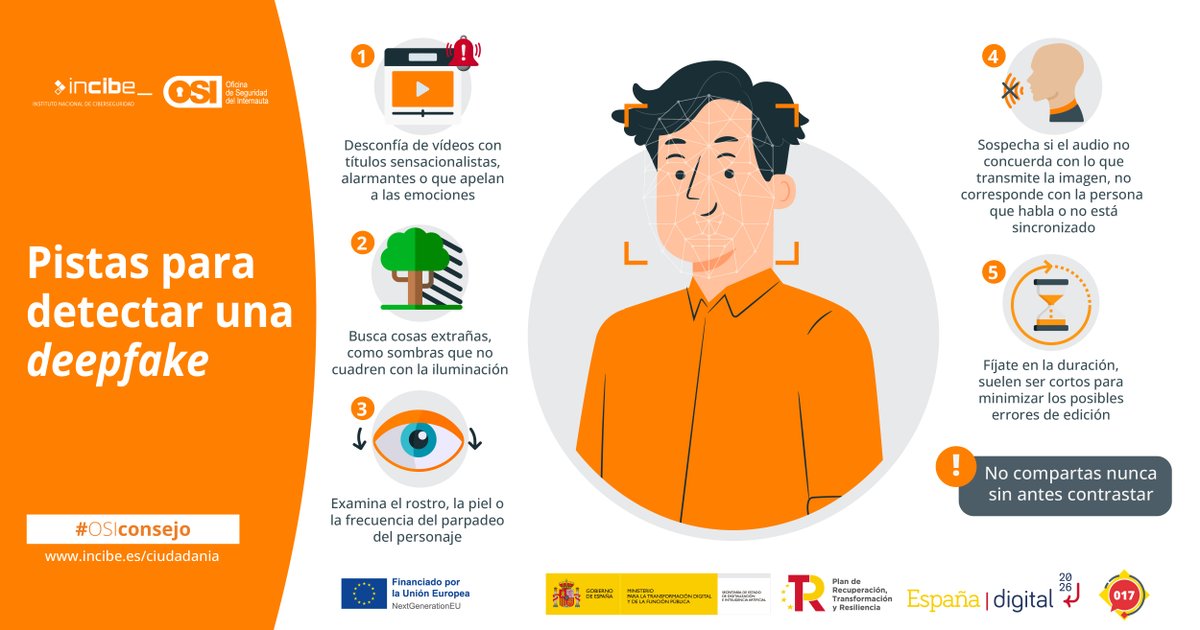 ¿Conoces las señales para detectar un #deepfake 👹? En nuestra nueva infografía te proporcionamos las pautas para detectar 👀 este tipo contenido multimedia. ¡No te dejes engañar! incibe.es/ciudadania/tem… #DesmontandoBulos #PlanDeRecuperación