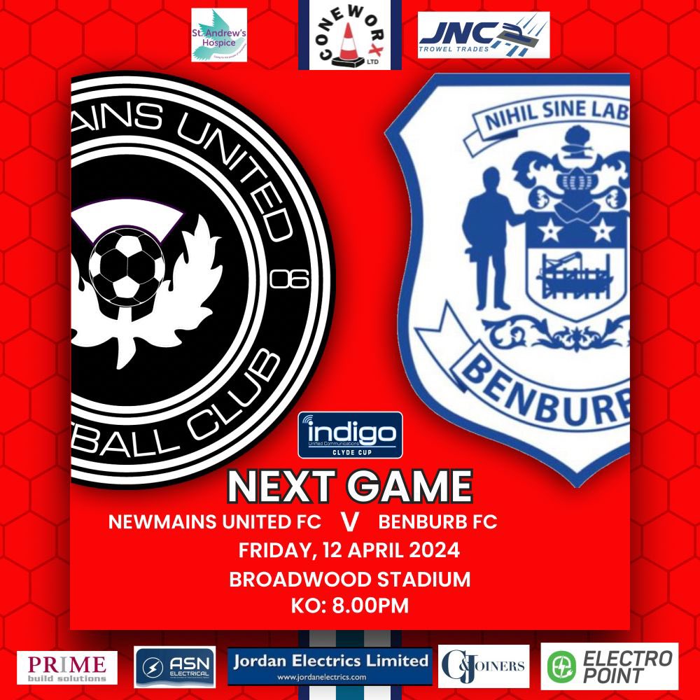 Newmains u20s are in quarter final action tonight against Benburb 
Broadwood Cumbernauld 8pm kick off
Get along and should hopefully be a cracker
big thanks to our sponsors 
CONEWORX and JNC TROWEL TRADES