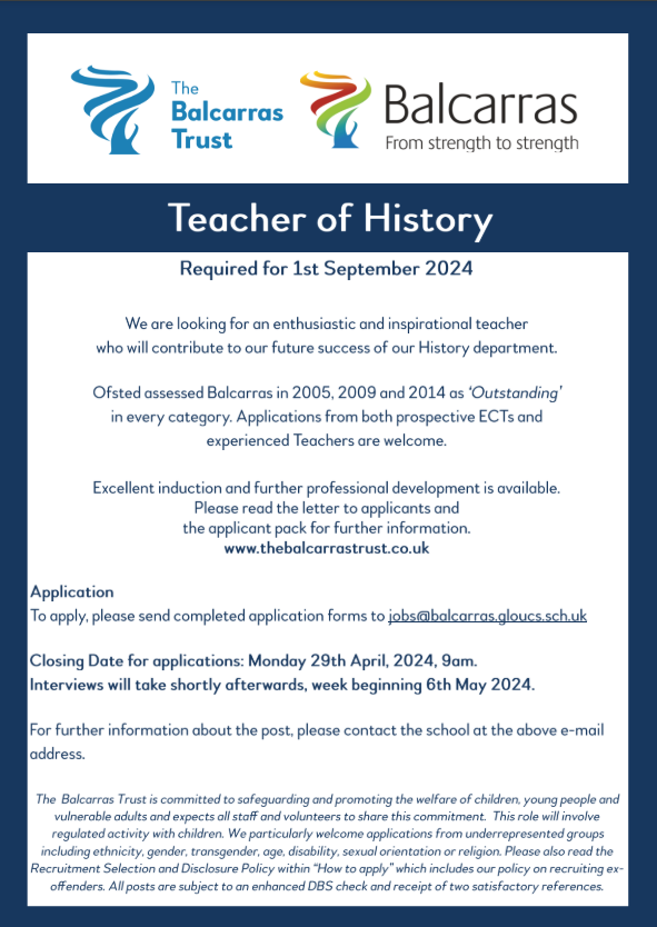 We are looking for a Teacher of History to join our successful team. Please see the Balcarras Trust website for further information: thebalcarrastrust.co.uk/page/?title=Va…