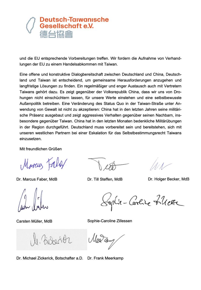 Open letter to Olaf Scholz ahead of his China trip from cross-party leaders of German-Taiwanese Association 2/2 German original 👇 Authors: @MarcusFaber FDP @till_steffen Greens Holger Becker SPD Carsten Müller CDU