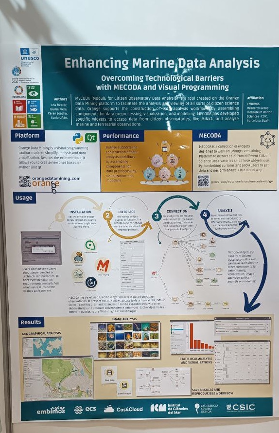 ECS at #OceanDecade24 in Barcelona. @ICMCSIC is presenting two posters about MECODA data analysis tool [github.com/eosc-cos4cloud… ] and the results of BioMarató [biomarato.com], a long-term event for biodiversity data acquisition in Catalonia coastal area.