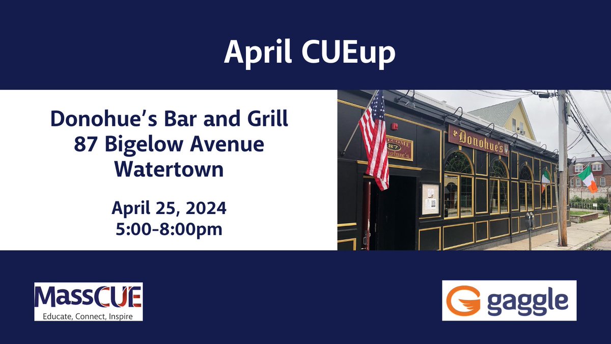 Enjoy school vacation, reconnect with colleagues when you return! Join us for a #MassCUE CUEup in Watertown 4/25 from 5:00-8:00pm. This FREE evening of drinks, snacks and networking is sponsored by Corporate Partner @Gaggle_K12. Learn more: bit.ly/3vR91V3