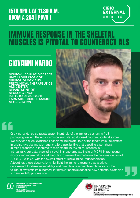 CIBIO - UniTrento (@cibio_unitrento) on Twitter photo We will have the pleasure of hosting Giovanni Nardo from <a href="/MarioNegriIRCCS/">Istituto Mario Negri</a> for the seminar: "Immune Response in the Skeletal Muscles is Pivotal to Counteract ALS"
📅April, 15th at 11.30 a.m.
🏦ℹ️Room A204, Povo1
webmagazine.unitn.it/node/120207
#asl We will have the pleasure of hosting Giovanni Nardo from <a href="/MarioNegriIRCCS/">Istituto Mario Negri</a> for the seminar: "Immune Response in the Skeletal Muscles is Pivotal to Counteract ALS"
📅April, 15th at 11.30 a.m.
🏦ℹ️Room A204, Povo1
webmagazine.unitn.it/node/120207
#asl