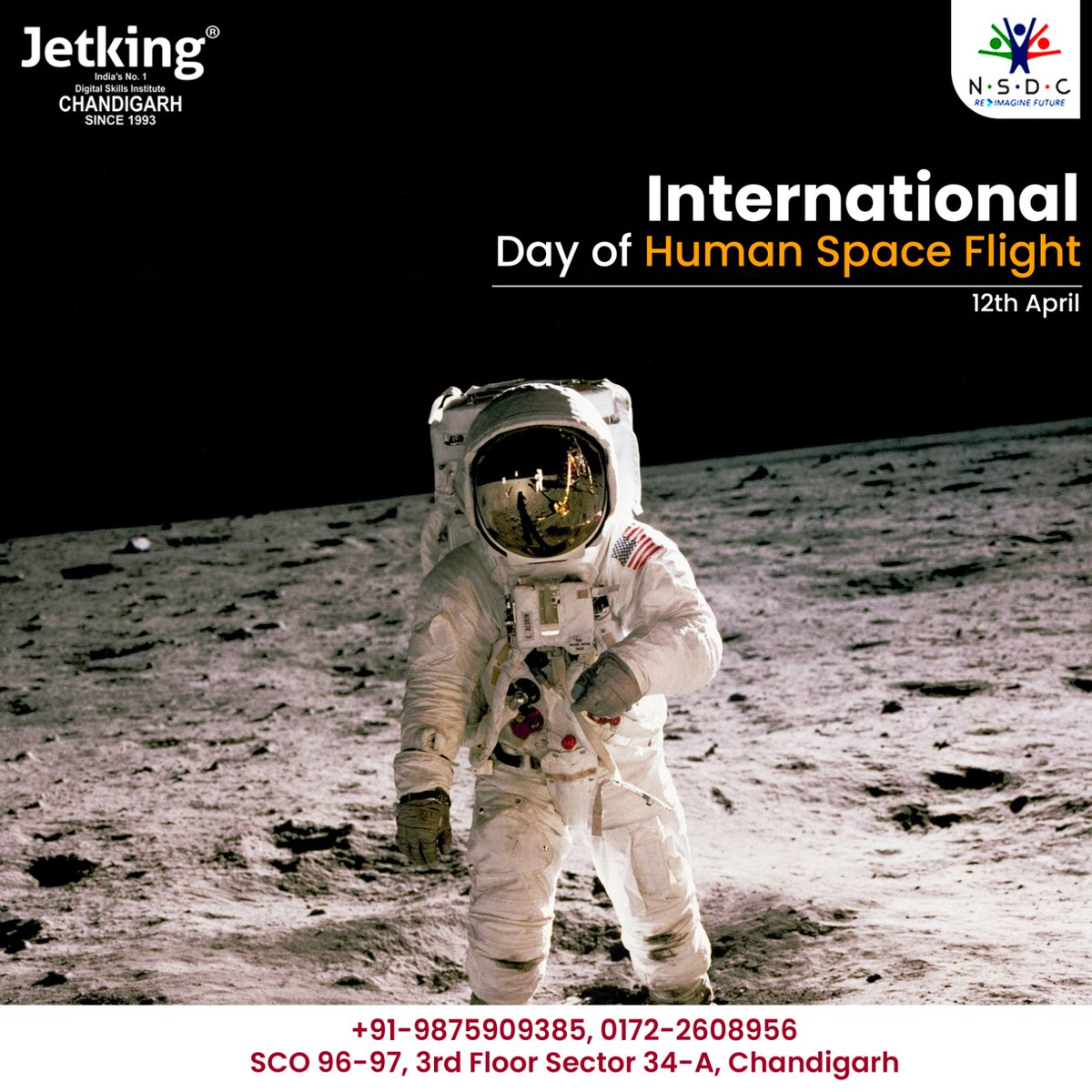 May the spirit of exploration continue to propel us to new frontiers, uniting us all in the vast expanse of space. Happy International Day of Human Space Flight! 🚀✨ #JetkingChandigarh #HumanSpaceFlight #CloudComputing #CyberSecurity #ItCourse #Ccna #ComputerCourses  #Chandigarh