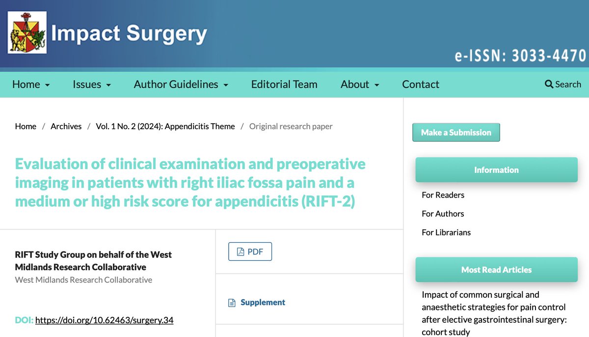 🔥Appendicitis and CT scans🔥 Is your practice evidence-based, or just based on previous difficult cases? The new RIFT-2 paper is published today in impact-surgery.com Here is why I CT scan nearly every patient with a medium/high risk of appendicitis 🧵: