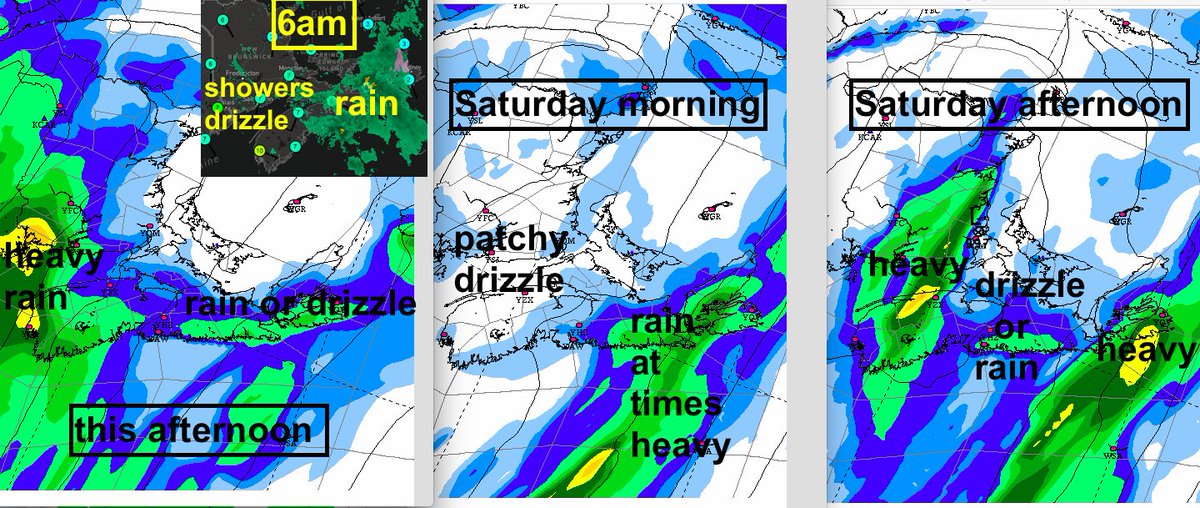 Bands of rain at times heavy moving across the region today & Saturday. Breaks in between, but still showery/drizzle in mild & gusty onshore southerly flow. Heaviest rain along Atlantic coast as well as Vic CB. Partial clearing Sun-Mon: just scattered showers. Sunny Tues-Wed.