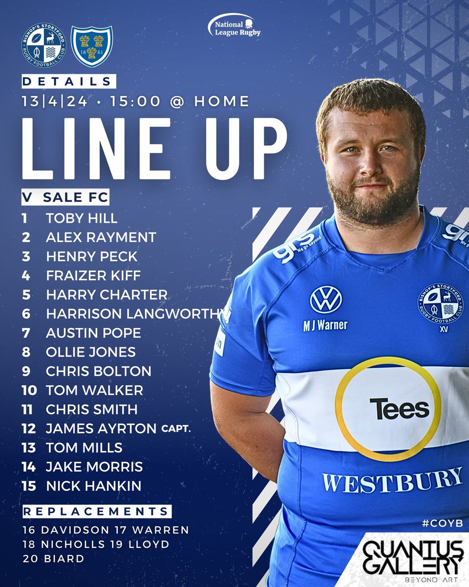 📝 LINE UP 📝

Here it is! Your line up for thee game of the season. It’s going to be an absolute cracker, do not miss it.  <a href="/SaleFC/">Sale FC Rugby</a> 

*Blues Game Cancelled 

💙🤍
#COYB #NAT1 #RUGBY