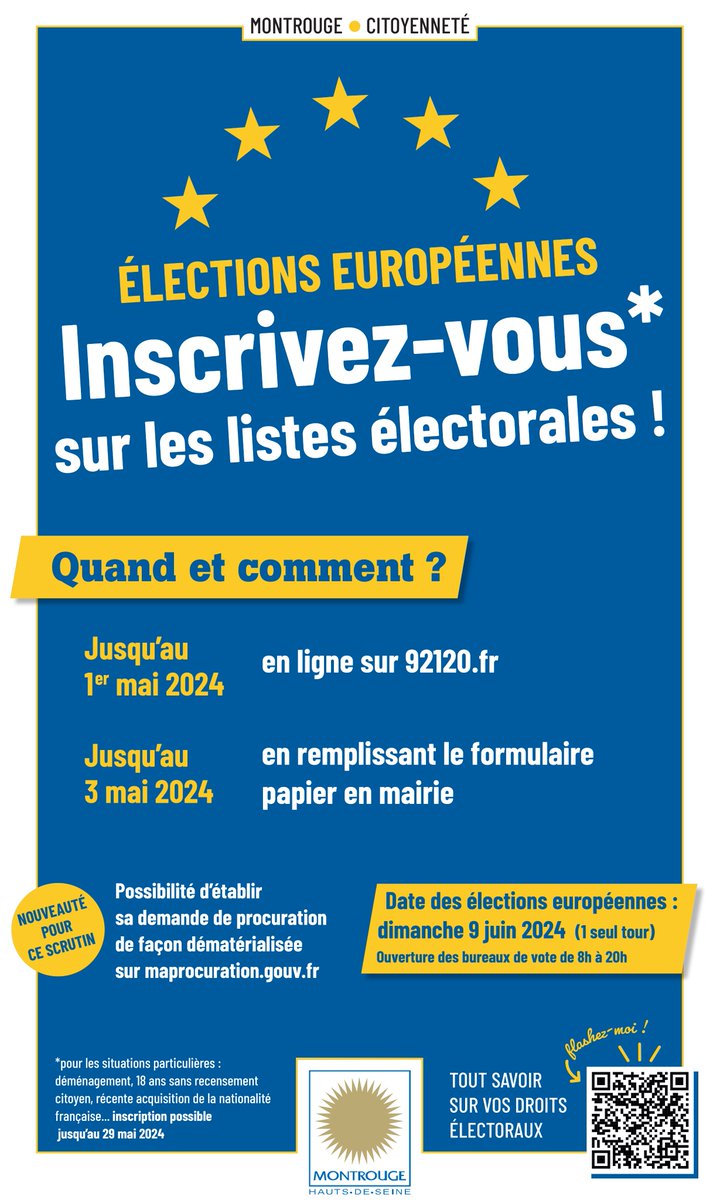 🇪🇺 Pensez à votre inscription avant les élections européennes ! 🗳 Vous avez jusqu'au 1er mai pour vous inscrire en ligne sur les listes électorales : ville-montrouge.fr/650-elections.…