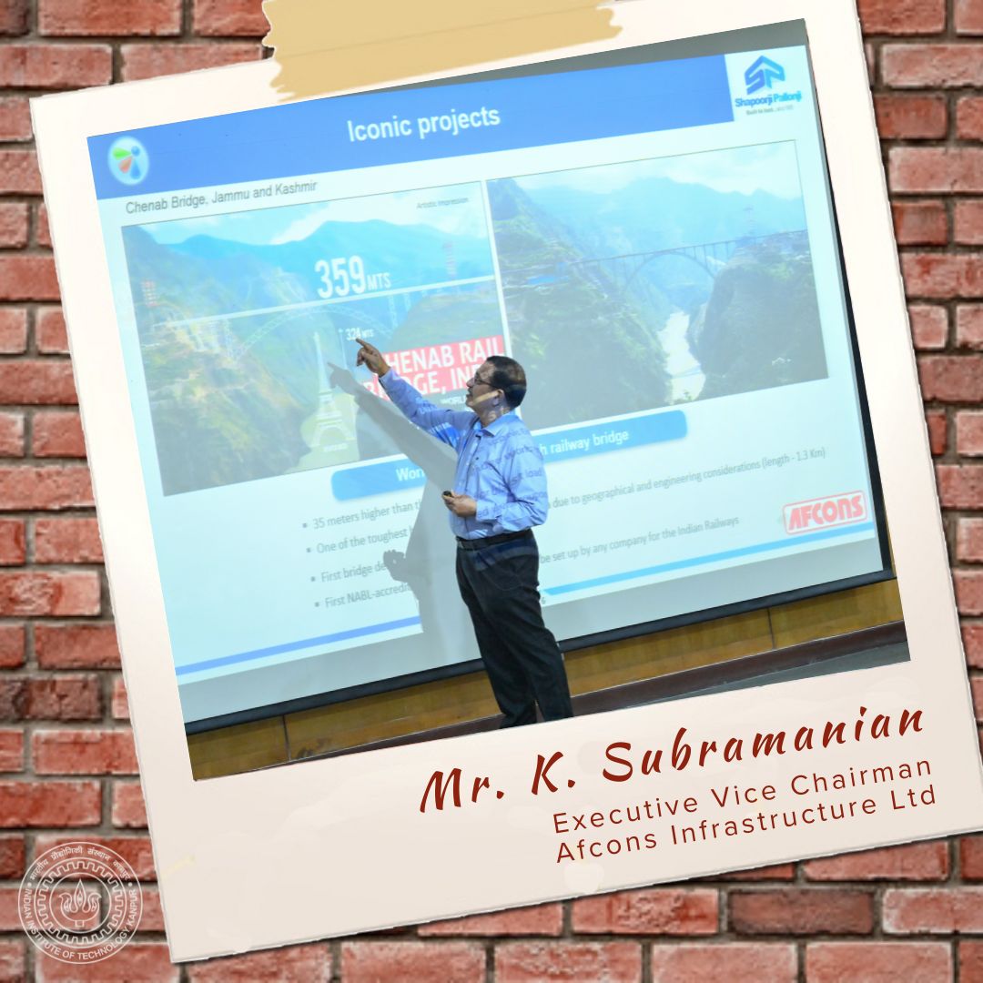 #CampusClicks
Mr. K. Subramanian, Executive VC (Whole Time Director) at Afcons Infrastructure Ltd, walked us through the engineering marvel of the Chenab Rail Bridge, along with many other notable constructions by the Shapoorji Pallonji group.

#engineering #IITKanpur #iitk