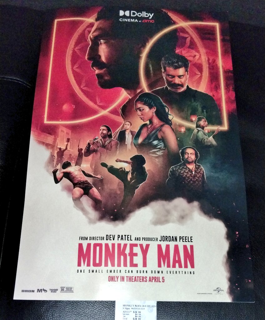 #MonkeyMan in #DolbyCinema! Revenge story like you wouldn't believe and even inspiring! The movie deserved to be saved and rereleased for theatrical. Let's hear it for the undermonkeys! Got a @Dolby poster for the movie too!
#MonkeyManMovie
#shareAMC
#AMCTheatres