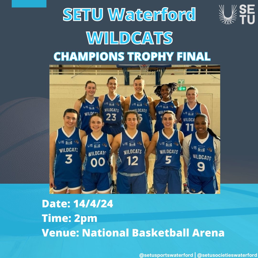 Good luck to our partners SETU Waterford Wildcats as they take on Killester in the Women's Superleague Champions Trophy Final! The game will be broadcast live on TG4 on Sunday 14th April at 13:45pm 👏🏀🔥 Best of luck to all involved!!