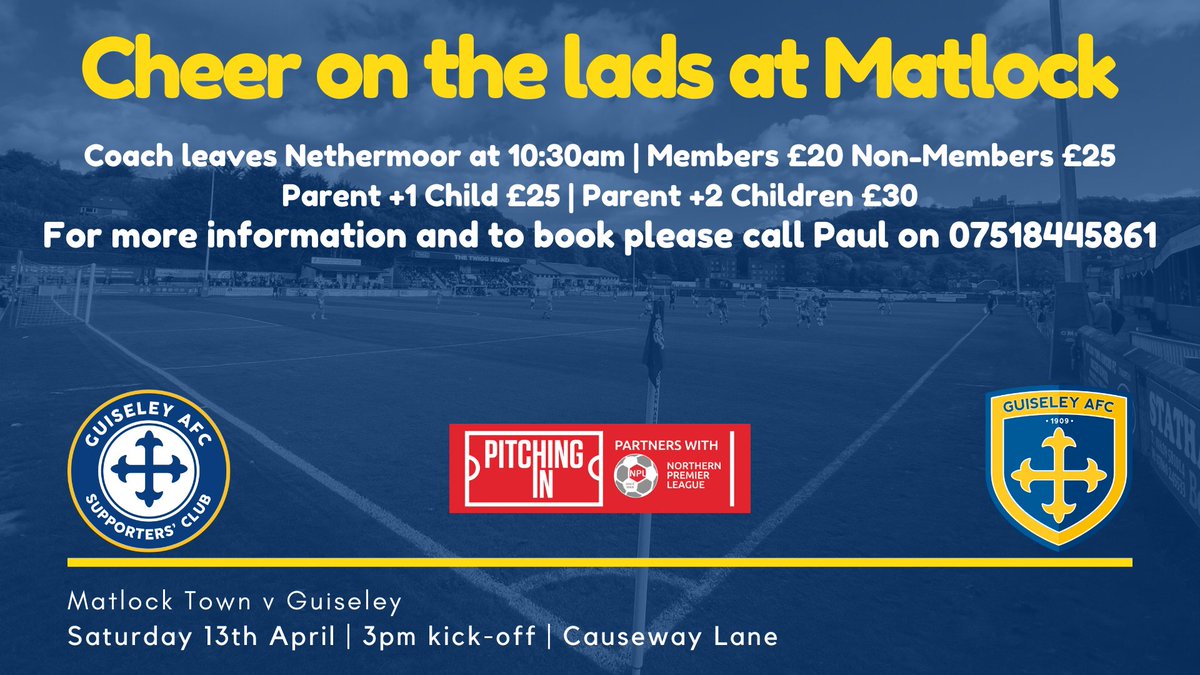 🚍 | LAST CALL: Matlock Town away Limited spaces remain available on our coach to Matlock tomorrow, please call Paul on 07518445861 to book. #GAFC #GuiseleyTogether