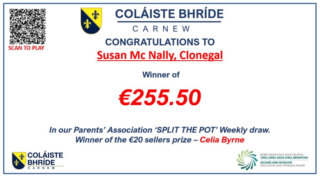 Congratulations to Susan Mc Nally, Clonegal, who won €255.50  in our weekly Parents' Association Split The Pot draw. Play using this link donorbox.org/colaiste-bhrid…