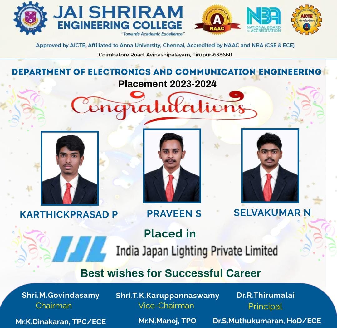 JSREC09's tweet image. Congratulations to Department of Electronics and Communication Engineering at Jai Shriram Engineering College for securing placements at India Japan Lighting Best wishes for a successful career ahead! 🎉🌟

#congratulations #jaishriramengineeringcollege #JSREC #college
