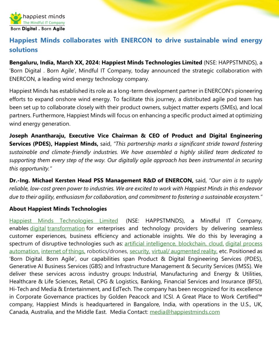 Happiest Minds collaborates with ENERCON to drive sustainable wind energy solutions.