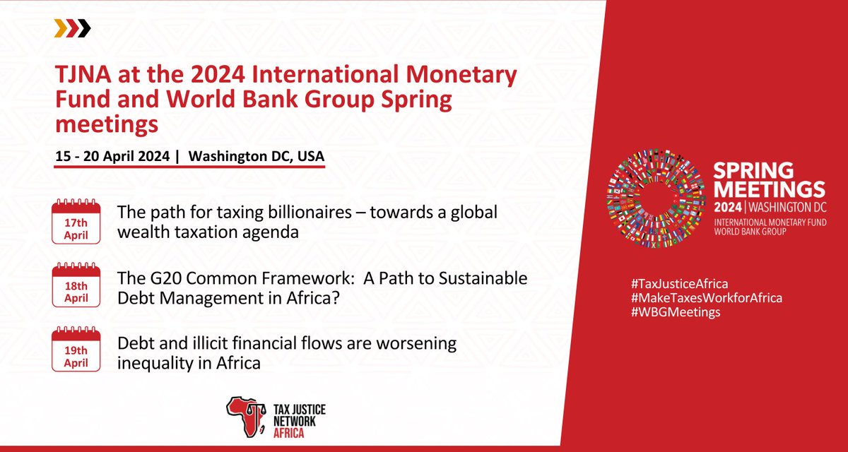 📢 We will be in Washington DC, USA for the @WorldBank - @IMFNews Spring & Annual Meetings from April 15-20, 2024. #TaxJusticeAfrica #WBGMeetings Read more 👉tjna.me/3JgoYqX Like, comment, share